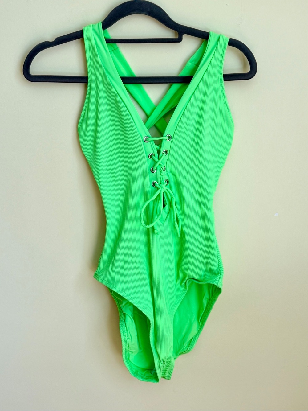 BECCA Neon Green Lace-Up One-Piece Swimsuit